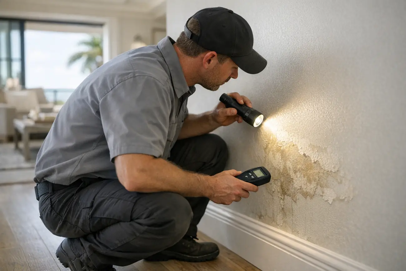 Restoration technician using a flashlight and moisture meter to check the edges and moisture level of a water stain