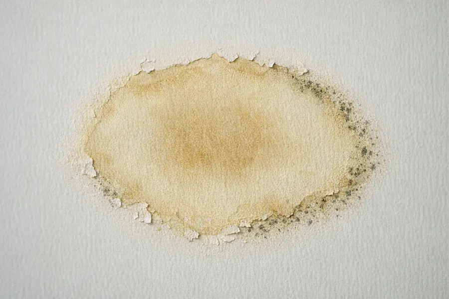 Old, dried yellowish-brown water stain on white drywall with faint dark mold speckling along the edge